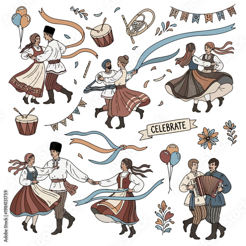 Vibrant illustration of people in traditional folk costumes dancing and celebrating with music balloons and festive decorations.