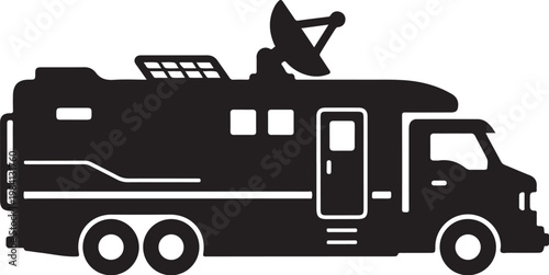 Black RV, motorhome, camper van, recreational vehicle silhouette, vector icon