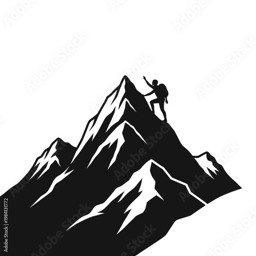 Silhouette Climber Reaching Mountain Peak Summit, Success Concept