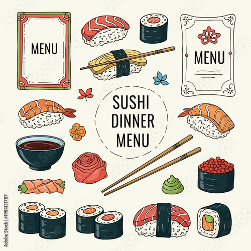 Sushi dinner menu featuring various types of sushi rolls nigiri sashimi and accompanying sauces chopsticks and ginger presented with decorative elements on white background.