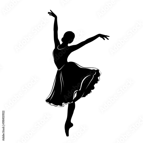 Silhouette of a graceful ballet dancer in motion, elegant pose, black on white background