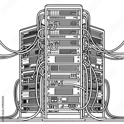 line art illustration of server stack with cables, data center, big data