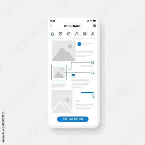 minimalist mobile app UI wireframe design on smartphone screen