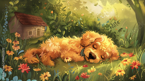 Adorable sleeping puppy in a magical sunlit spring garden with blooming flowers and cozy cottage, cute children's book illustration