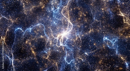 A mesmerizing display of blue and gold particles swirling against a dark, 