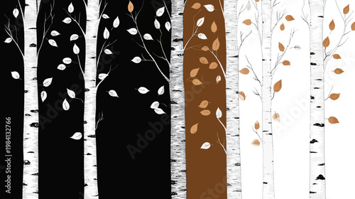 Stylized, repeating pattern of birch trees with changing colors, creating a textured and natural design