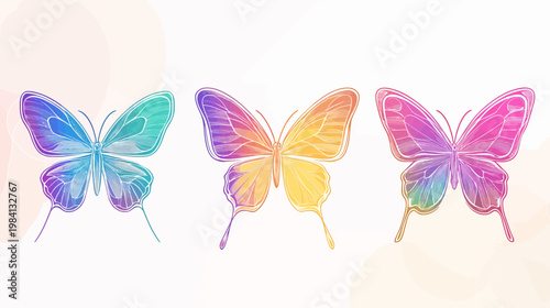 Three colorful butterflies with watercolor effect on a bright, minimalist background