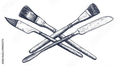 Four artist tools crossing paths in a detailed, grayscale, ink-style drawing