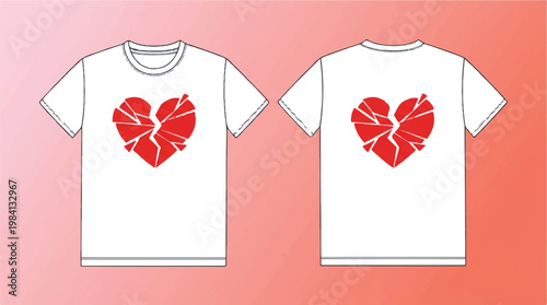 Front and back view of white t-shirts with broken heart graphic t shirt apparel design fashion design apparel mockup casual wear clothing mockup