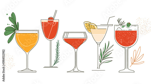 A collection of various cocktail illustrations with garnishes and varied glass shapes on white