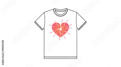 White t-shirt mockup with red broken heart graphic t shirt fashion design apparel mockup casual wear line art illustration clothing template