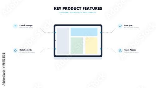 Modern features infographic vector template, editable design elements with clean charts and icon placeholders, ideal for business presentations, reports, dashboards, websites and print layouts.