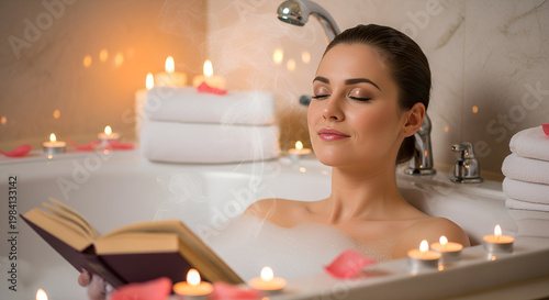 Woman Relaxing in Bathtub Reading Book Surrounded by Candles and Rose Petals.