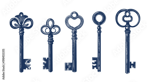 Five antique keys in blue shades on a white background, with different decorative handles and key teeth