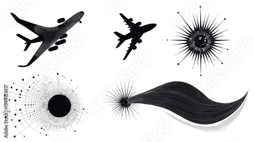 Collection of six abstract vector designs, featuring stylized airplanes and geometric, spiky and flowing shapes