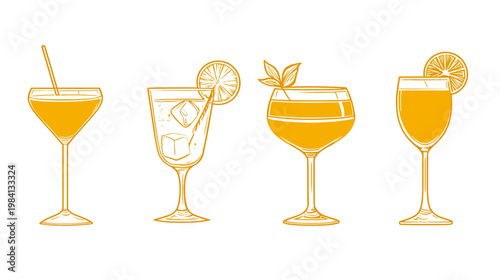 Line art illustration of four filled cocktail glasses in an orange hue with garnish