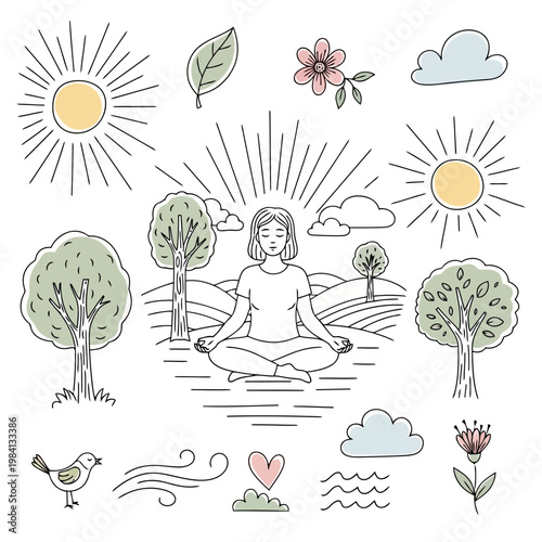 Person meditating outdoors in serene landscape with trees, rolling hills, sun, clouds, bird, and wind, representing peace, nature, and tranquility for mindfulness.