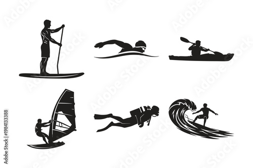 Water sports silhouette set bundle featuring diverse summer activities.
