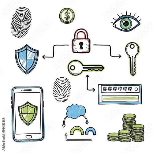 Mobile security and data protection doodle set with smartphone shield lock fingerprint and password icons for digital safety information privacy and network firewall.