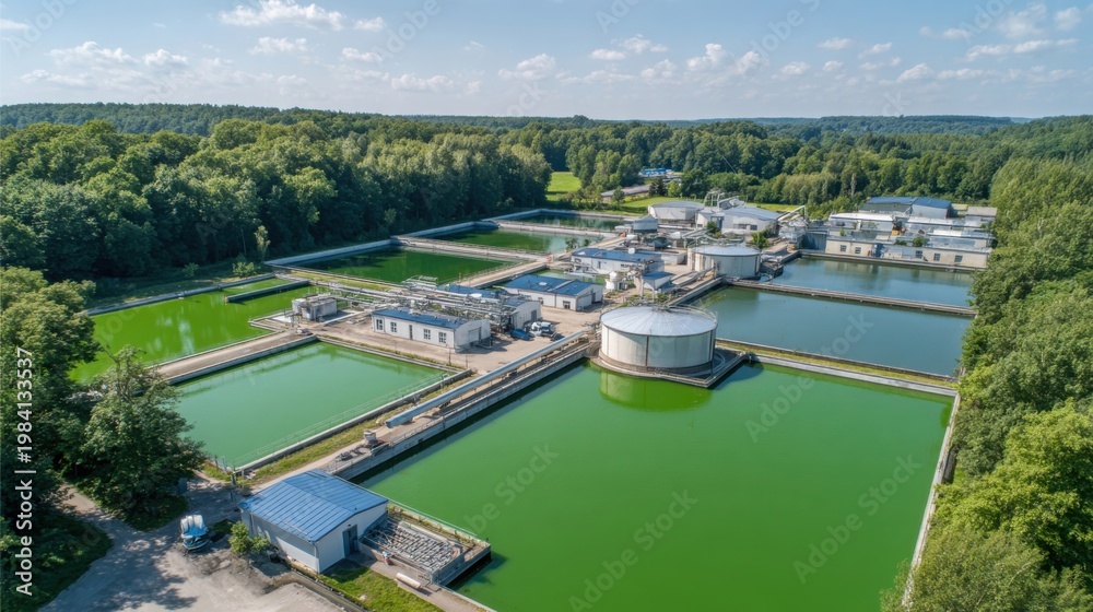 Obraz premium Aerial view of industrial algae cultivation ponds for biofuel and fertilizer production amidst lush greenery