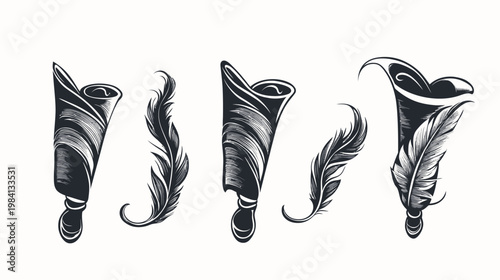 Black and white illustration featuring stylized ink pens and feathers, set against a white background
