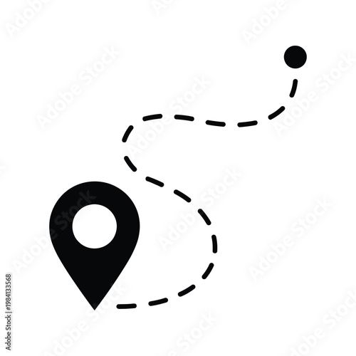 Foto Location marker connected by a dashed line to a destination point on a white bac