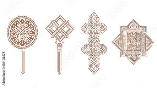 Four brown abstract patterns with geometric and calligraphic elements on a white background