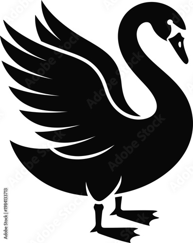 Foto Stylized black swan silhouette with open wings standing gracefully on its webbed