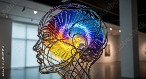 A colorful, abstract sculpture of a human head with a rainbow-colored spiral brain inside, displayed in an art gallery with a modern, minimalist interior.
