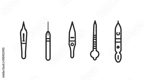 A row of five stylized illustrations of slender, pointed tools against a blank white backdrop