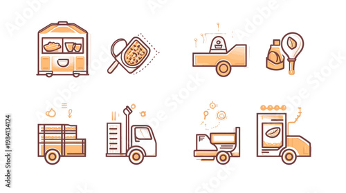 Stylized illustrations depicting various food carts, trucks, and ingredients, created with line art