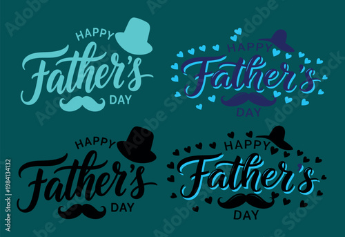 Four watercolor father's day typography designs with mustaches and birds