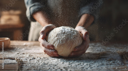Hands dusting flour while shaping bread dough on wooden table, rustic bakery scene