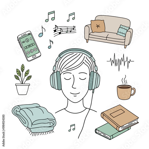 Girl enjoying relaxing music at home with headset smartphone coffee books and blanket for self care routine in living room atmosphere with creative line art style.