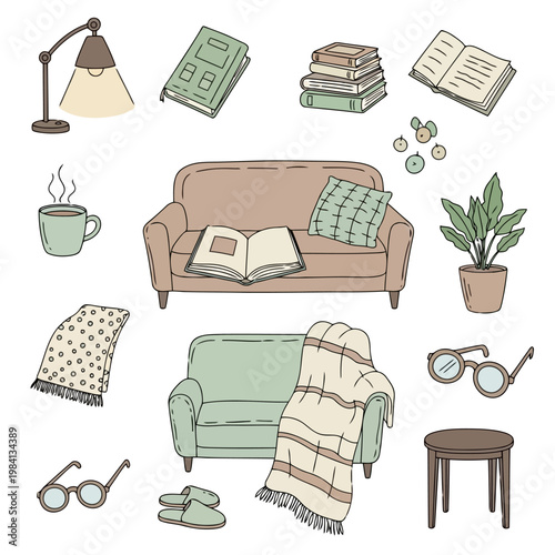 Cozy home interior design elements with warm color palette comfortable living room furniture, lamps, books, and hot drinks for a relaxing atmosphere.