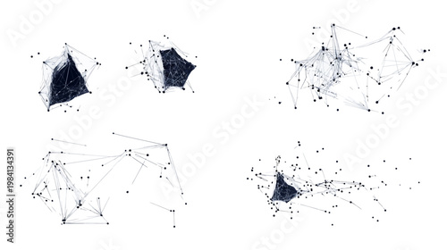 Abstract digital illustration with several interconnected clusters of dots, lines, and shapes in grayscale