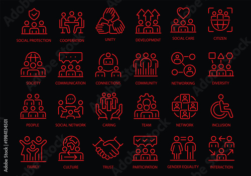 Society line icon set. Editable Stroke. Community, people, cooperation, unity, social, network - stock vector.