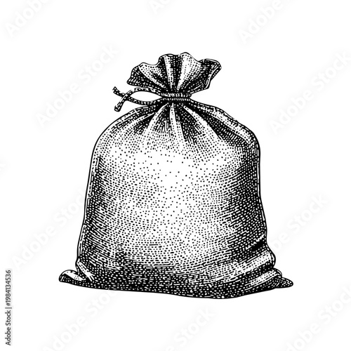 Canvas sack bag illustration in vintage hand drawn woodcut engraving style