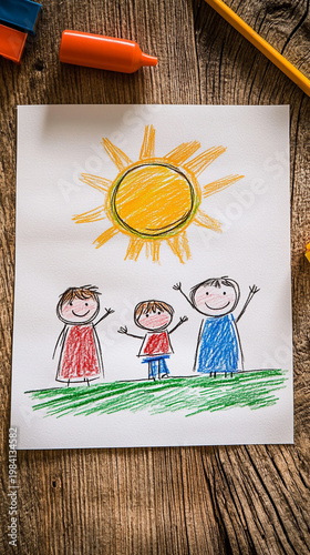 Child's Drawing of Happy Family Holding Hands Near House Under Bright Sun in Crayon Style