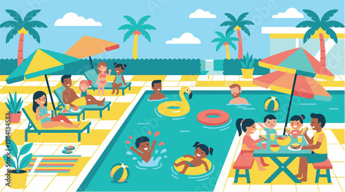 Families Enjoy Summer Pool Party Vacation At Beach Resort Illustration