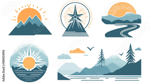 Collection of stylized landscape illustrations depicting mountains, suns, roads, and various natural elements