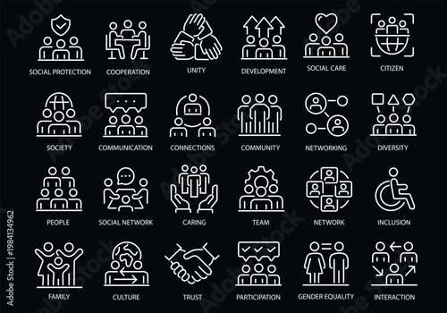 Society line icon set. Editable Stroke. Community, people, cooperation, unity, social, network - stock vector.