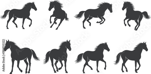 Collection of eight black horse silhouettes in various dynamic running and walking poses