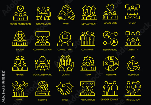 Society line icon set. Editable Stroke. Community, people, cooperation, unity, social, network - stock vector.