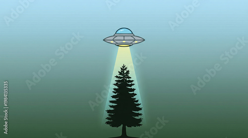 UFO hovers above a tall pine tree in the forest emitting light