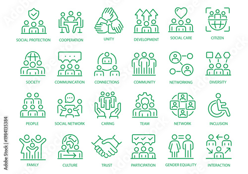 Society line icon set. Editable Stroke. Community, people, cooperation, unity, social, network - stock vector.