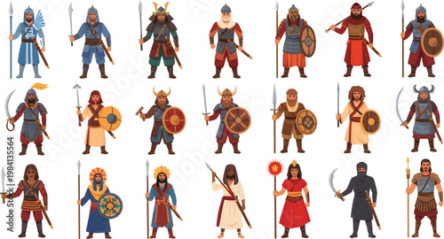 Comprehensive Set of Historical Warrior Characters in Flat Vector Illustration Style Isolated on White
