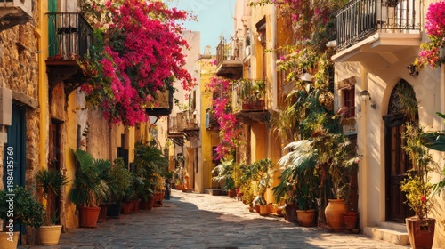 Sun-drenched European cobblestone street lined with vibrant flowers and lush plants