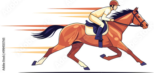 Flat vector illustration of a professional jockey riding a fast galloping brown horse during a race