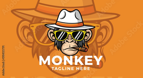 Illustration of a cartoon monkey wearing sunglasses and a hat on an orange background